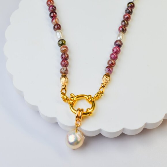Tourmaline & Edison Pearl Pendant Necklace 20" - Picture 3 of 7